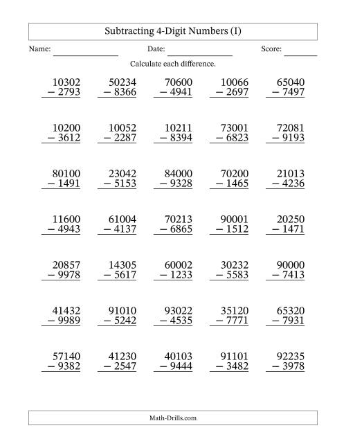The Subtracting 4-Digit Numbers With All Regrouping (35 Questions) (I) Math Worksheet