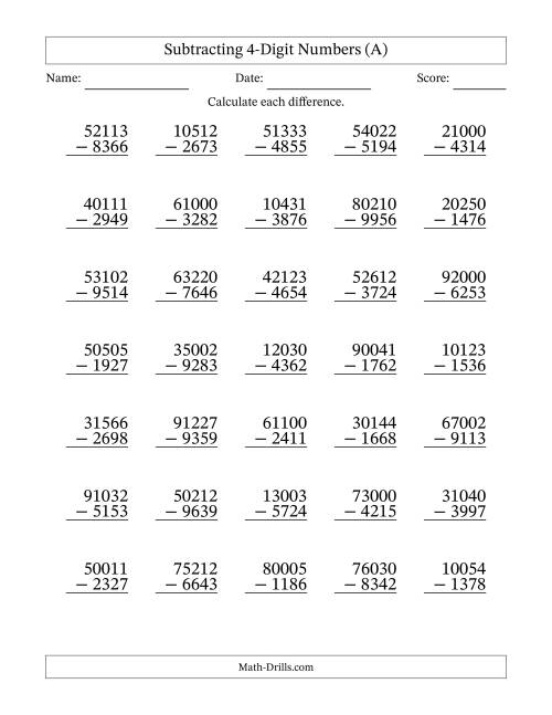 The Subtracting 4-Digit Numbers With All Regrouping (35 Questions) (All) Math Worksheet
