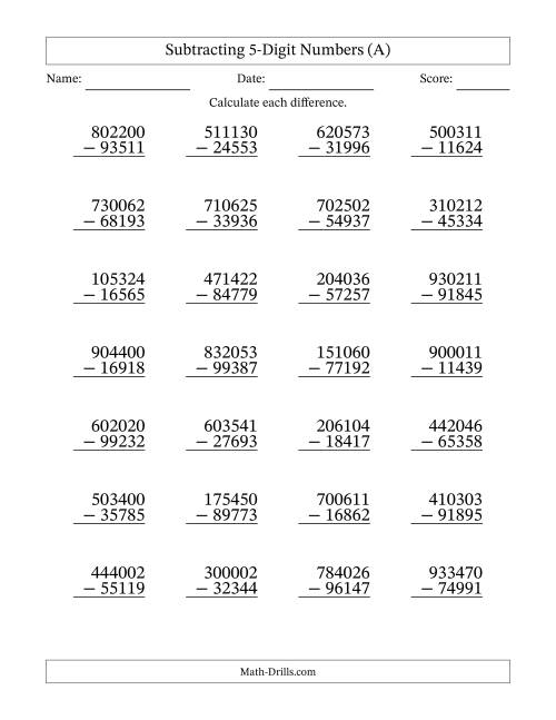 The Subtracting 5-Digit Numbers With All Regrouping (28 Questions) (A) Math Worksheet