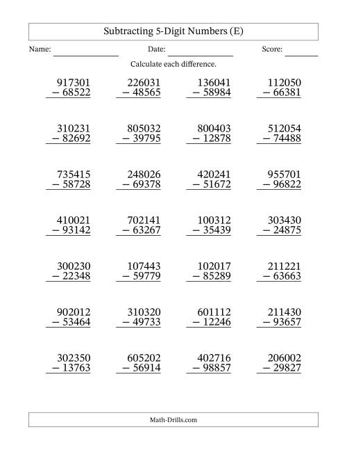 The Subtracting 5-Digit Numbers With All Regrouping (28 Questions) (E) Math Worksheet