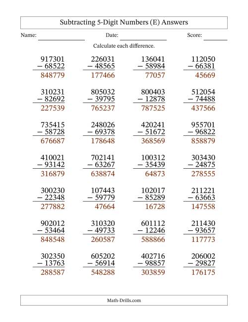 The Subtracting 5-Digit Numbers With All Regrouping (28 Questions) (E) Math Worksheet Page 2