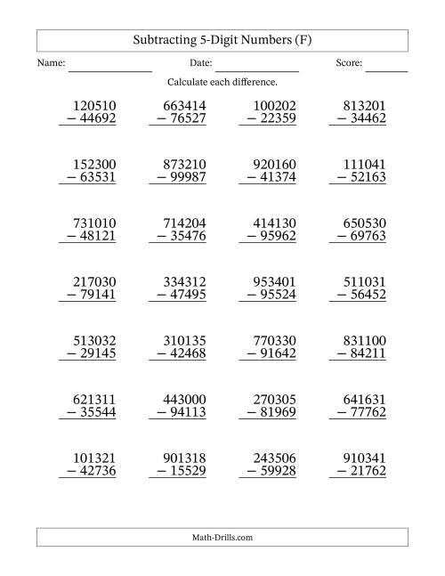 The Subtracting 5-Digit Numbers With All Regrouping (28 Questions) (F) Math Worksheet