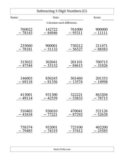 The Subtracting 5-Digit Numbers With All Regrouping (28 Questions) (G) Math Worksheet