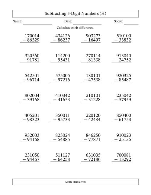 The Subtracting 5-Digit Numbers With All Regrouping (28 Questions) (H) Math Worksheet