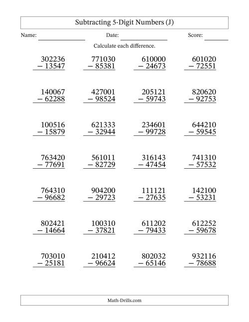 The Subtracting 5-Digit Numbers With All Regrouping (28 Questions) (J) Math Worksheet