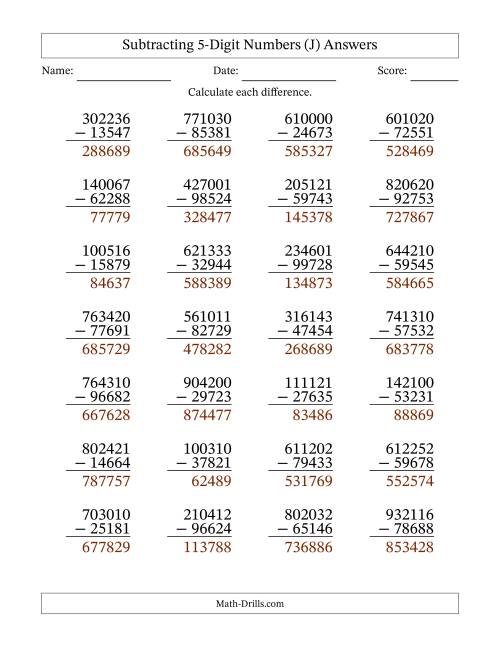 The Subtracting 5-Digit Numbers With All Regrouping (28 Questions) (J) Math Worksheet Page 2