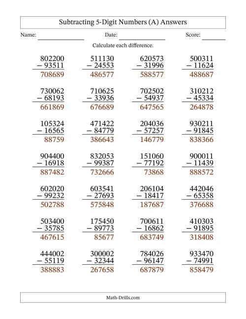 The Subtracting 5-Digit Numbers With All Regrouping (28 Questions) (All) Math Worksheet Page 2