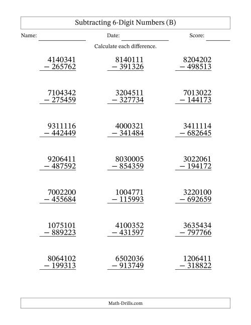 The Subtracting 6-Digit Numbers With All Regrouping (21 Questions) (B) Math Worksheet