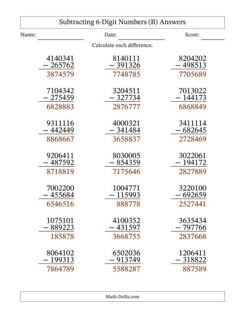 The Subtracting 6-Digit Numbers With All Regrouping (21 Questions) (B) Math Worksheet Page 2