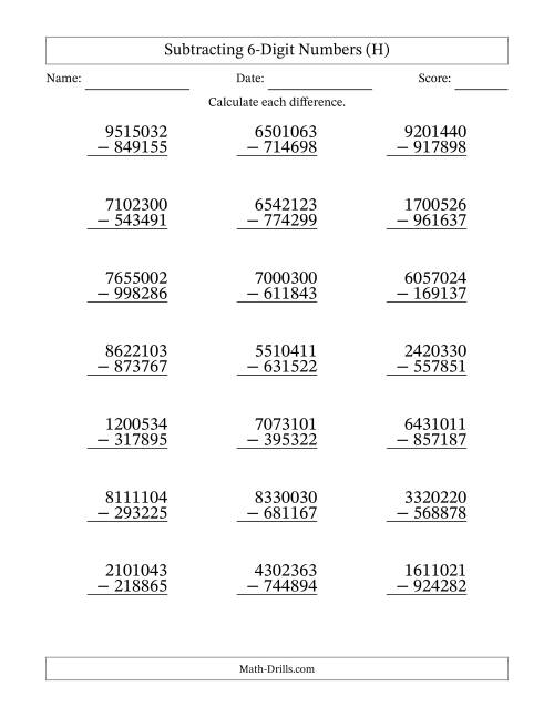 The Subtracting 6-Digit Numbers With All Regrouping (21 Questions) (H) Math Worksheet