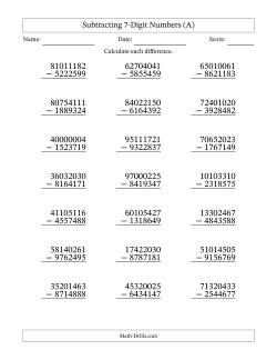 Subtracting 7-Digit Numbers With All Regrouping (21 Questions)