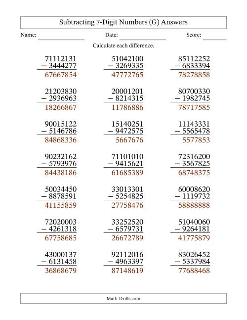 The Subtracting 7-Digit Numbers With All Regrouping (21 Questions) (G) Math Worksheet Page 2