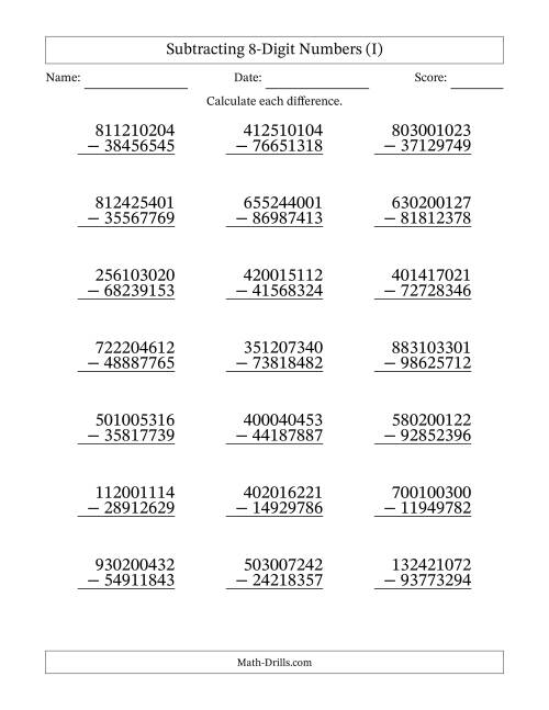 The Subtracting 8-Digit Numbers With All Regrouping (21 Questions) (I) Math Worksheet