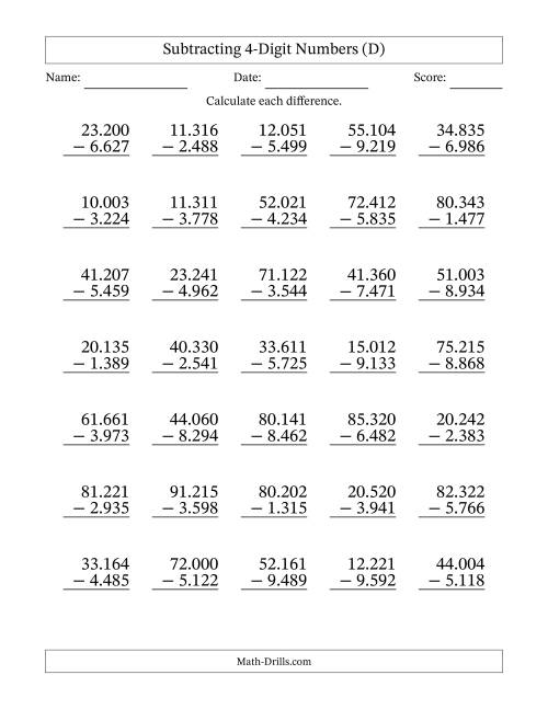The Subtracting 4-Digit Numbers With All Regrouping (35 Questions) (Period Separated Thousands) (D) Math Worksheet