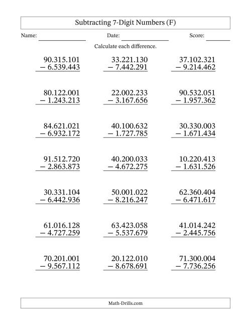 The Subtracting 7-Digit Numbers With All Regrouping (21 Questions) (Period Separated Thousands) (F) Math Worksheet
