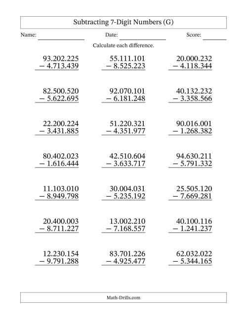 The Subtracting 7-Digit Numbers With All Regrouping (21 Questions) (Period Separated Thousands) (G) Math Worksheet