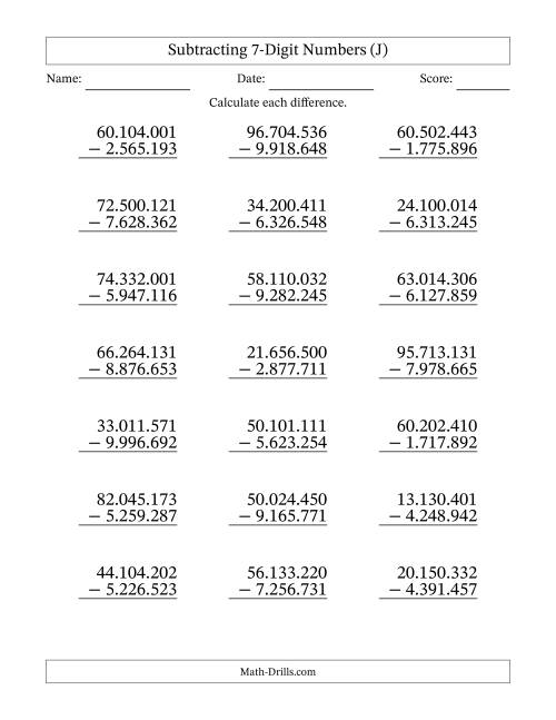 The Subtracting 7-Digit Numbers With All Regrouping (21 Questions) (Period Separated Thousands) (J) Math Worksheet