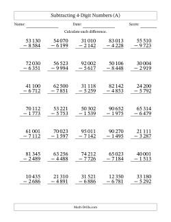 Subtracting 4-Digit Numbers With All Regrouping (35 Questions) (Space Separated Thousands)