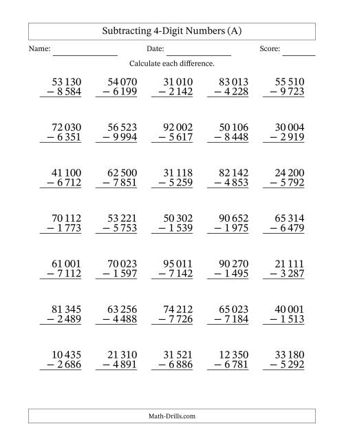 The Subtracting 4-Digit Numbers With All Regrouping (35 Questions) (Space Separated Thousands) (A) Math Worksheet