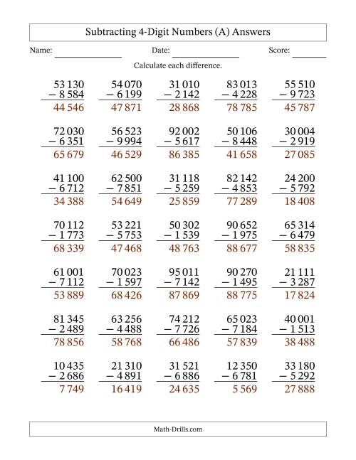 The Subtracting 4-Digit Numbers With All Regrouping (35 Questions) (Space Separated Thousands) (A) Math Worksheet Page 2