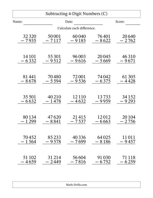 The Subtracting 4-Digit Numbers With All Regrouping (35 Questions) (Space Separated Thousands) (C) Math Worksheet