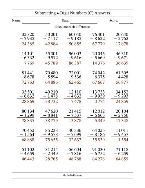 The Subtracting 4-Digit Numbers With All Regrouping (35 Questions) (Space Separated Thousands) (C) Math Worksheet Page 2