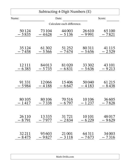 The Subtracting 4-Digit Numbers With All Regrouping (35 Questions) (Space Separated Thousands) (E) Math Worksheet