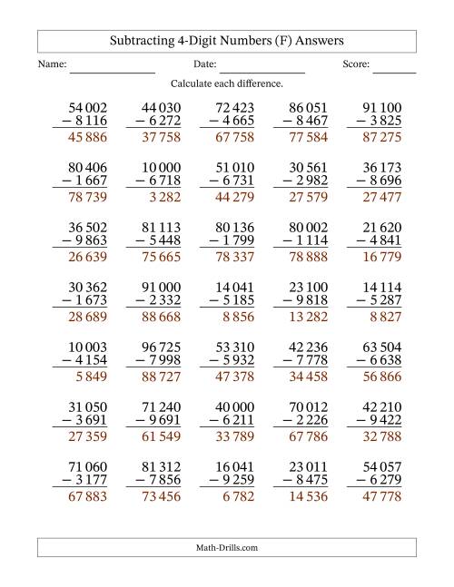 The Subtracting 4-Digit Numbers With All Regrouping (35 Questions) (Space Separated Thousands) (F) Math Worksheet Page 2