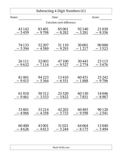 The Subtracting 4-Digit Numbers With All Regrouping (35 Questions) (Space Separated Thousands) (G) Math Worksheet