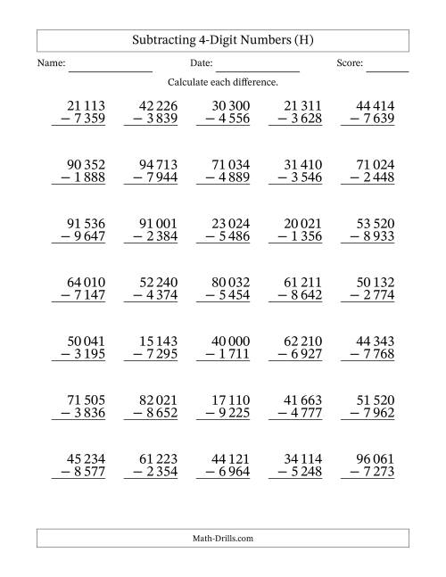 Subtracting 4-Digit Numbers With All Regrouping (35 Questions) (Space ...