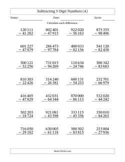 Subtracting 5-Digit Numbers With All Regrouping (28 Questions) (Space Separated Thousands)