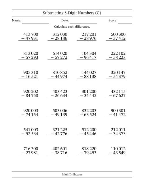 The Subtracting 5-Digit Numbers With All Regrouping (28 Questions) (Space Separated Thousands) (C) Math Worksheet