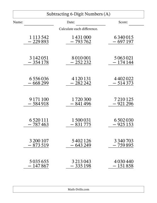 The Subtracting 6-Digit Numbers With All Regrouping (21 Questions) (Space Separated Thousands) (A) Math Worksheet