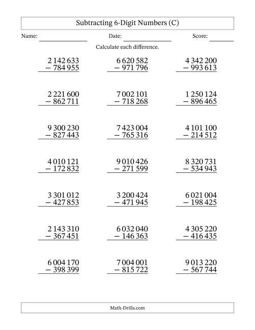 The Subtracting 6-Digit Numbers With All Regrouping (21 Questions) (Space Separated Thousands) (C) Math Worksheet
