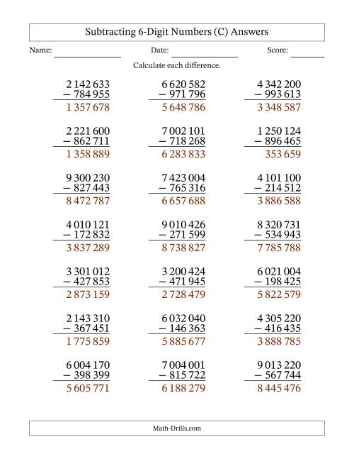 The Subtracting 6-Digit Numbers With All Regrouping (21 Questions) (Space Separated Thousands) (C) Math Worksheet Page 2