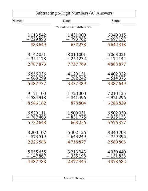 The Subtracting 6-Digit Numbers With All Regrouping (21 Questions) (Space Separated Thousands) (All) Math Worksheet Page 2