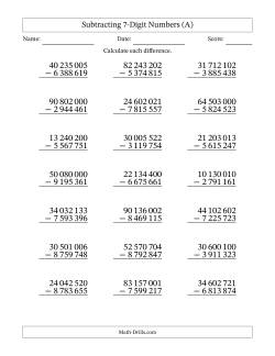 Subtracting 7-Digit Numbers With All Regrouping (21 Questions) (Space Separated Thousands)