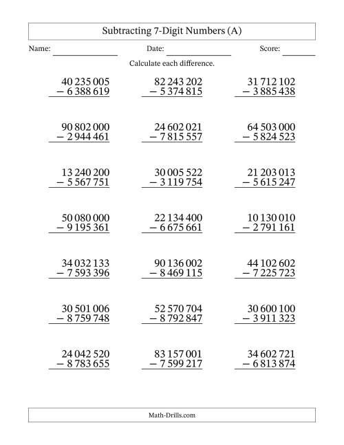 The Subtracting 7-Digit Numbers With All Regrouping (21 Questions) (Space Separated Thousands) (A) Math Worksheet