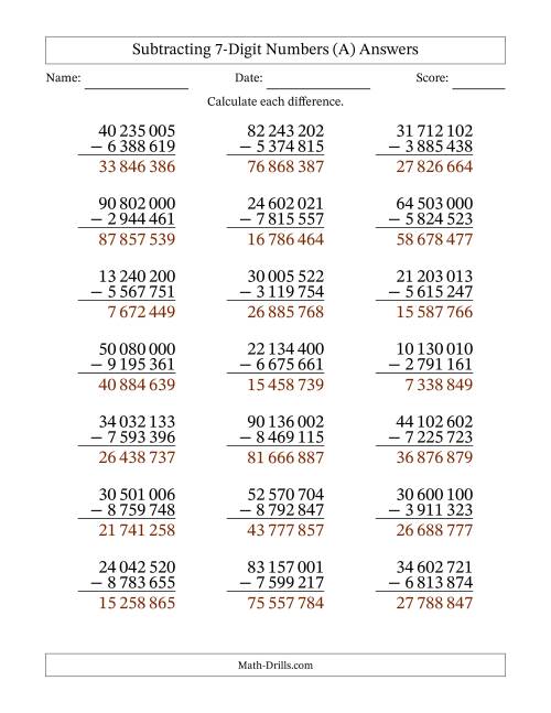 The Subtracting 7-Digit Numbers With All Regrouping (21 Questions) (Space Separated Thousands) (A) Math Worksheet Page 2