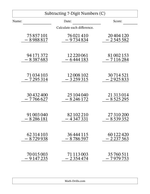 The Subtracting 7-Digit Numbers With All Regrouping (21 Questions) (Space Separated Thousands) (C) Math Worksheet