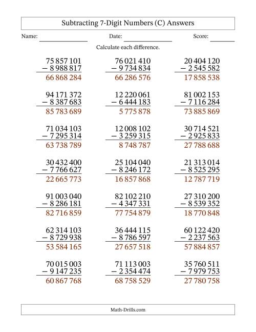 The Subtracting 7-Digit Numbers With All Regrouping (21 Questions) (Space Separated Thousands) (C) Math Worksheet Page 2