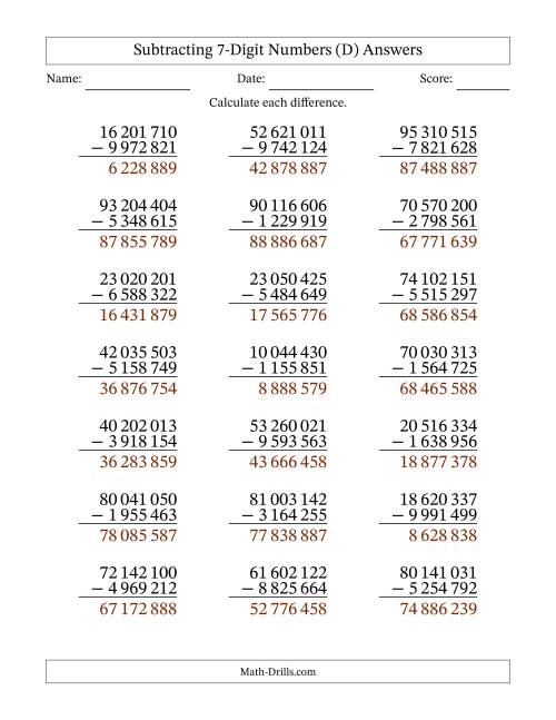 The Subtracting 7-Digit Numbers With All Regrouping (21 Questions) (Space Separated Thousands) (D) Math Worksheet Page 2