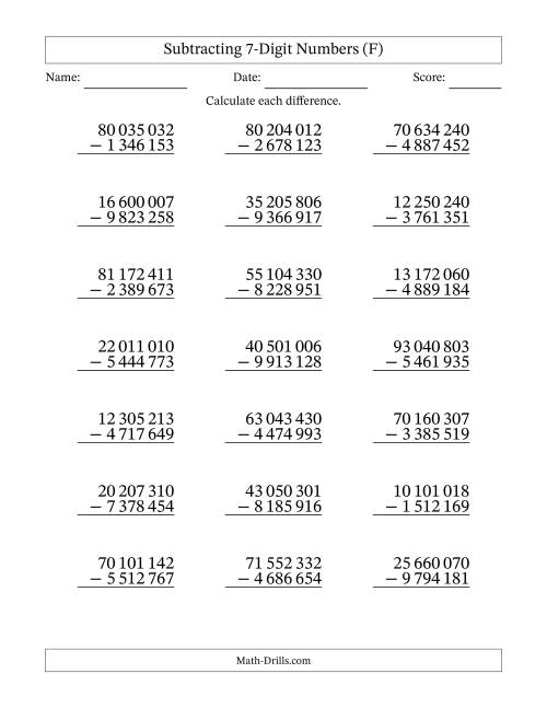 The Subtracting 7-Digit Numbers With All Regrouping (21 Questions) (Space Separated Thousands) (F) Math Worksheet