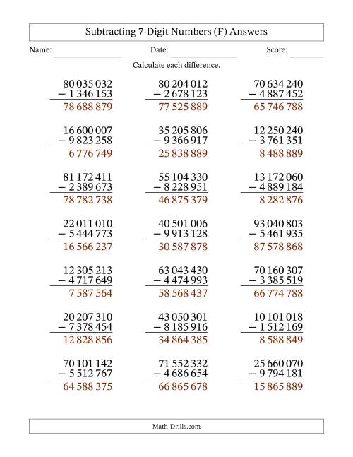 The Subtracting 7-Digit Numbers With All Regrouping (21 Questions) (Space Separated Thousands) (F) Math Worksheet Page 2