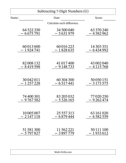 The Subtracting 7-Digit Numbers With All Regrouping (21 Questions) (Space Separated Thousands) (G) Math Worksheet
