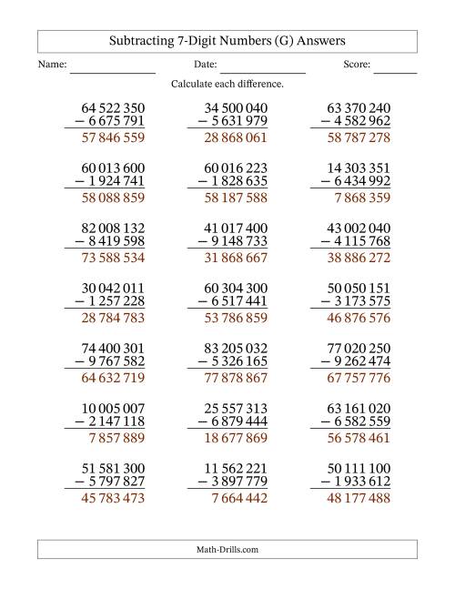 The Subtracting 7-Digit Numbers With All Regrouping (21 Questions) (Space Separated Thousands) (G) Math Worksheet Page 2