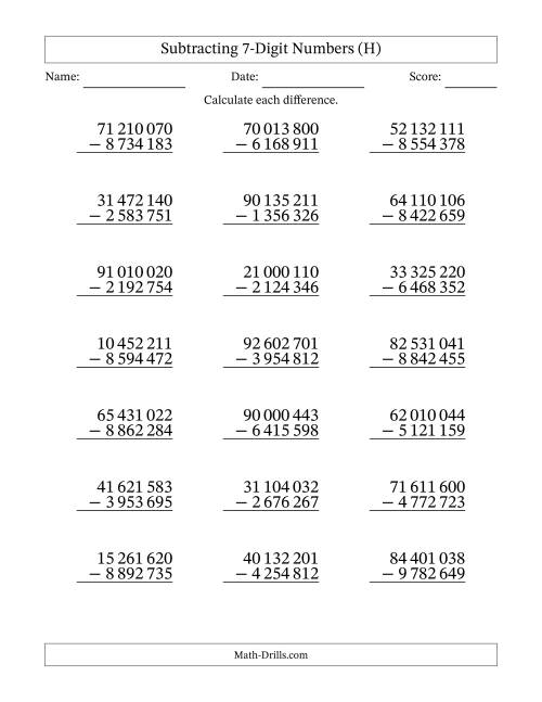 The Subtracting 7-Digit Numbers With All Regrouping (21 Questions) (Space Separated Thousands) (H) Math Worksheet