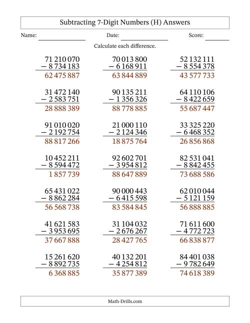 The Subtracting 7-Digit Numbers With All Regrouping (21 Questions) (Space Separated Thousands) (H) Math Worksheet Page 2