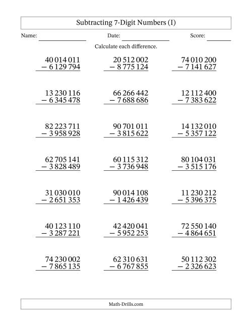 The Subtracting 7-Digit Numbers With All Regrouping (21 Questions) (Space Separated Thousands) (I) Math Worksheet