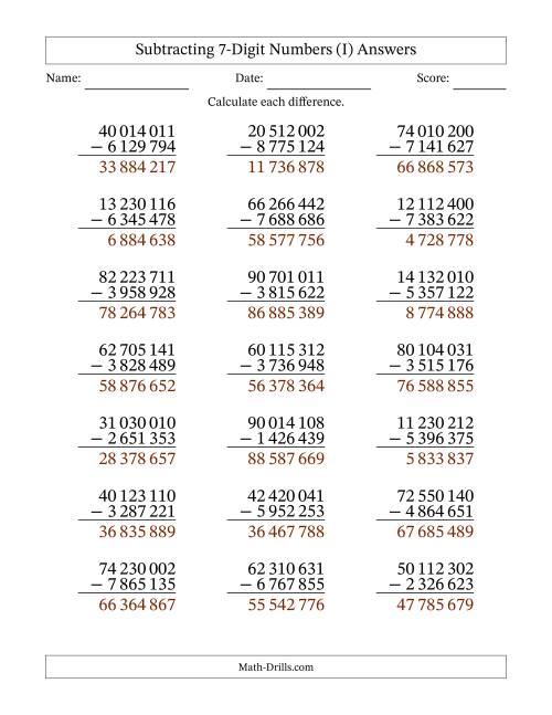The Subtracting 7-Digit Numbers With All Regrouping (21 Questions) (Space Separated Thousands) (I) Math Worksheet Page 2